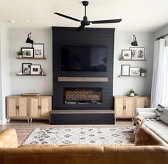 a living room with a couch, fireplace and television on the wall in front of it