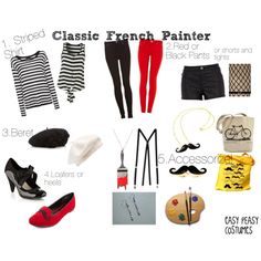 there are many different types of clothing and accessories on this page, including shoes, pants, hats, bags, purses