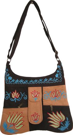 Beautiful Designer Faux Leather Shoulder Bag Item Style: Casual Shoulder Sling Bag Material Faux Suede Leather Colors Dark brown and blue and yellow lotus flower with chainstitch embroidery Measurement Depth 12" width 13". Strap is 39" long and 3/4" wide More details: There is similar patchwork and embroidery on the front and back. It closes with zipper on the top and has 2 front small zipper pockets and a buttoned pocket for keys or even maybe a cell phone. Inner lining on the entire purse is s Casual Brown Embroidered Bag, Embroidered Brown Rectangular Satchel, Brown Embroidered Rectangular Satchel, Casual Brown Embroidered Shoulder Bag, Brown Embroidered Bag For Daily Use, Embroidered Brown Crossbody Shoulder Bag, Brown Embroidered Crossbody Shoulder Bag, Brown Embroidered Shoulder Bag, Brown Embroidered Satchel For Travel