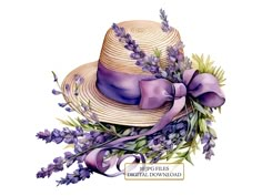 a painting of a hat with lavenders and ribbon on it's brim