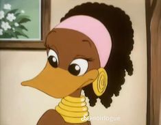 an animated image of a duck wearing a pink headband