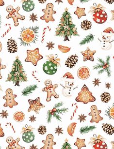 an image of christmas cookies and ornaments on white background with oranges, pine cones, and other holiday decorations