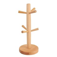 a wooden stand with three sticks sticking out of it's sides on a white background