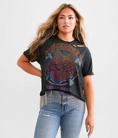 Affliction Phoenix Cropped T-Shirt - Black Small, Women's Vintageblackpigmentdye Rhinestone graphic washed t-shirt Cuffed sleeves Raw edge and shot bead mesh trim details Bust measures 40 on size small Body length 18 on size small. 100% Cotton. Machine wash cold with like colors. Do not bleach. Tumble dry low. Do not iron. Do not dry clean. Apparel & Accessories > Clothing > Shirts & Tops Acid Wash Soft-washed Tops For Festival, Festival Acid Wash Soft-washed Tops, Relaxed Fit Washed Top For Festivals, Festival Graphic Tee With Vintage Wash, Short Sleeve Grunge Tops For Festival, Edgy Acid Wash Tops For Spring, Edgy Washed Tops For Concert, Acid Wash Short Sleeve Band Merch Top, Distressed Graphic Tee Tops For Concert