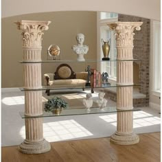 a living room filled with furniture and lots of columns