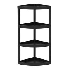 the corner shelf is black and has three shelves on each side, with one section open