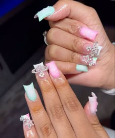 Short Junk Nail Designs, Nails W Charms, Pink And Blue Nails, Charm Nails, Quartz Nails, Airbrush Nails