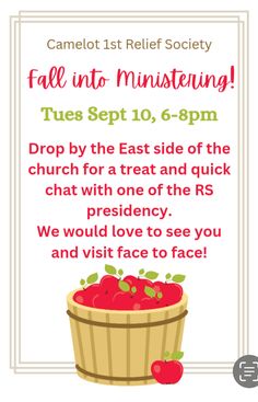 a flyer for an event with apples in a basket and the words, fall into ministering