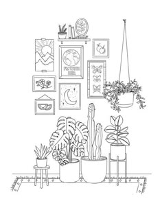 a black and white line drawing of plants in pots on a shelf with pictures above them