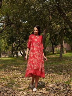 Bliss - Red Embroidered Cotton Silk Floral Dress By Priti Prashant now available at Trendroots Resham Embroidery Midi Dresses, Chikankari Embroidery Midi Dress, Traditional A-line Embroidered Dress, Festive Floral Print Midi Dress, Festive Floral Embroidered Midi Dress, Festive Embroidered Midi Dress, Festive Midi-length Floral Embroidered Dress, Festive Floral Embroidered Dress, Festive Embroidered A-line Dress