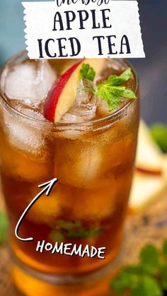 an apple iced tea in a glass with ice and garnish