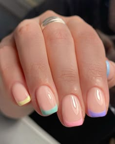 Subtle Summer Nails Square, French Tip Colorful Nails, Nail Designs Shellac, Bright French Tips, Nail Ideas For Kids, Summer Gel Nails, Short Gel Nails, Nagel Tips