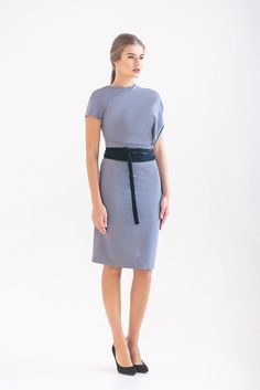 "A beautiful gray dress is featuring an asymmetrical design, pencil silhouette, and a midi length. - fitted pencil silhouette - asymmetrical blouson bodice - short cap sleeves - midi (knee length) skirt - concealed side seam closure - velvet belt included (you may choose red or black) Fiber: 55% viscose, 40% polyester, 5% elastane Color: gray For size S: length- 40,5\" (101 cm) Our model wears size S (US 8) and is 171cm/5'6\" tall. You may feel free choosing the size. Just send us your measureme Fitted Pencil Skirt Bodycon Dress For Work, Chic Midi Pencil Dress For Work, Chic Midi Pencil Skirt Dress For Work, Chic Pencil Skirt Midi Dress For Work, Elegant Bodycon Pencil Dress For Office, Elegant Bodycon Dress With Pencil Skirt For Office, Elegant Bodycon Dress For Office, Fitted Knee-length Midi Dress For Office, Spring Formal Pencil Skirt Midi Dress