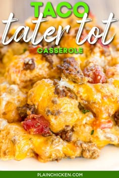 taco tater tot casserole on a white plate with text overlay