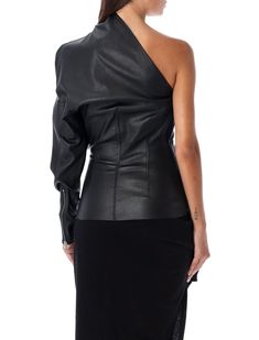 65% lamb leather, 34% cotton, 1% spandex Luxury Fitted Tops For Fall, Luxury Fitted Fall Tops, Fitted Leather Top For Winter, Designer Fitted Leather Jacket, Fitted Luxury Leather Jacket For Evening, Elegant Leather Tops For Formal Occasions, Elegant Leather Formal Tops, Elegant Formal Leather Tops, Designer Fitted Leather Jacket For Office