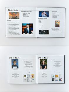 the inside pages of a brochure with photos and text on it, all in different colors