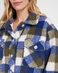 This sherpa jacket is loaded with cozy vibes! Boxy fit with a button-up front, two chest pockets and a plaid pattern that adds a touch of rugged comfort to your cold-weather ensemble. Made of snuggly sherpa with a soft knit lining. | Yukon Sherpa Jacket for Women by Herizon from Wantable Winter Fleece-lined Shacket For Cold Weather, Winter Shacket With Fleece Lining For Cold Weather, Casual Plaid Fleece Jacket With Pockets, Plaid Fleece Jacket With Pockets For Fall, Winter Plaid Shacket With Buttons, Casual Plaid Outerwear With Fleece Lining, Casual Fleece-lined Shacket For Cold Weather, Long Sleeve Shacket With Fleece Lining For Cold Weather, Casual Shacket With Fleece Lining For Cold Weather