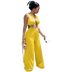 Cut Out Halter Neck Sleeveless Wide Leg Jumpsuit Sleeveless Yellow Jumpsuits And Rompers For Spring, Yellow Sleeveless Jumpsuits For Spring, Summer Sleeveless Party Jumpsuits And Rompers, Sleeveless Jumpsuits For Beach Season Party, Summer Sleeveless Party Jumpsuit Or Romper, Yellow Sleeveless Jumpsuits And Rompers For Party, Summer Sleeveless Jumpsuits And Rompers For Party, Summer Sleeveless Jumpsuit For Party, Yellow Sleeveless Jumpsuit For Parties