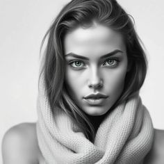 a beautiful woman with blue eyes wearing a white scarf and posing for a black and white photo