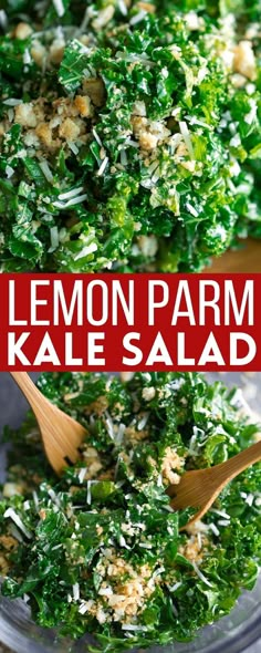 kale salad with lemon dressing topped with parmesan cheese and toasted breadcrumb croutons Parmesan Kale Salad, Kale Salad Recipes, Kale Recipes, Garden Recipes, Kale Salad, Healthy Salads, Healthy Salad Recipes, Delicious Salads, Soup And Salad