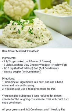 a recipe for mashed cauliflower on a white plate