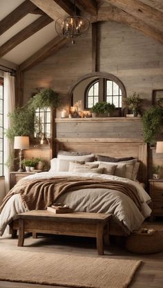 a bedroom with wooden walls and beams, bedding, pillows, rugs and lamps