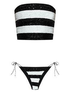 Black and white striped sequins bikini from Oseree featuring a bandeau top and side-tie bikini bottoms. Versace Designer, Swimsuit Collection, Striped Swimsuit, Summer Swim Suits, Bandeau Top, Shirt Skirt, Shirt Accessories, Swimwear Tops, Try On