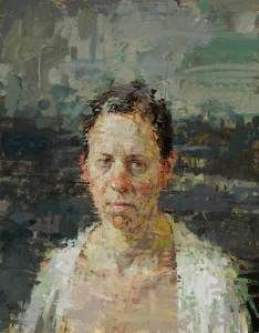 an oil painting of a woman with short hair and white shirt, looking at the camera