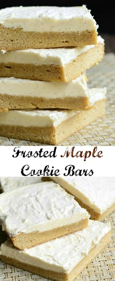 frosted maple cookie bars stacked on top of each other with the title in the middle