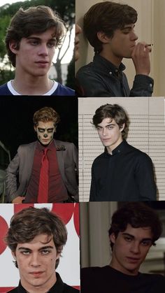 four different pictures of young men with makeup on their faces and one wearing a tie