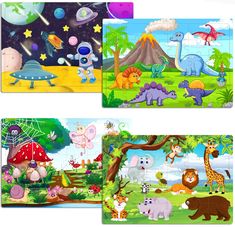 four different pictures of animals in the forest with planets and stars on them, including an elephant, giraffe, rhinoceros, and other animals