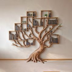 a wooden tree with bookshelves on it