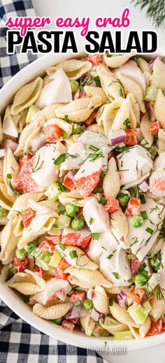 pasta salad in a white bowl with text overlay