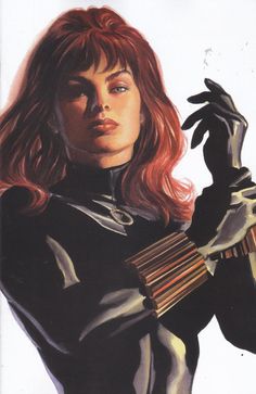 a painting of a woman in black with red hair and gloves holding an object up to her face