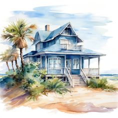 a watercolor painting of a blue house on the beach with palm trees in front