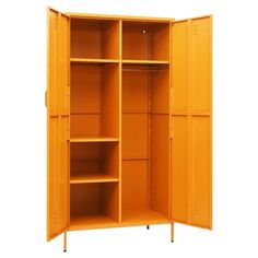 an orange metal locker with shelves on both sides and two doors open to the other side