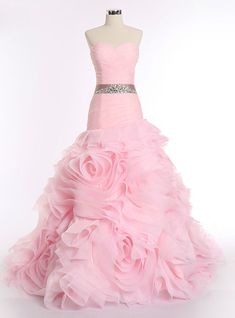 Silhouette:mermaid Hemline:floor length Neckline:sweetheart Fabric:organza Shown Color:pink Sleeve Style:sleeveless Back Style:lace up Embellishment:sash