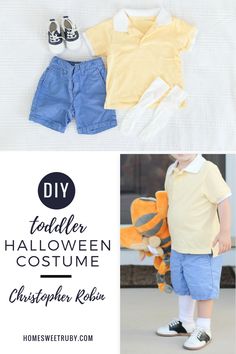 toddler halloween costume with blue shorts and yellow shirt on the bottom, black shoes next to it