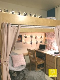 a loft bed with a desk and chair underneath it