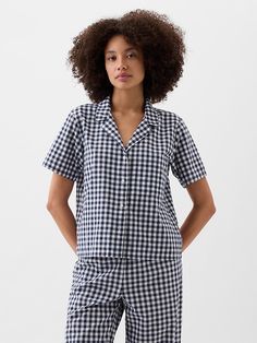 Poplin PJ Shirt Collared Cotton Sleepwear With Relaxed Fit, Relaxed Fit Cotton Sleepwear With Collar, Cotton Johnny Collar Shirt, Cotton Johnny Collar Shirt For Daywear, Cotton Shirt With Johnny Collar For Daywear, Cotton Shirt With Spread Collar For Loungewear, Casual Cotton Button-up Sleepwear, Cotton Button-up Sleepwear For Bedtime, Relaxed Fit Button-up Sleepwear