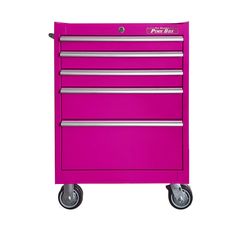 This 26-inch 5-drawer rolling cabinet by The Original Pink Box® is built tough from high quality powder coated 18 gauge steel. The powder coated finish resists wearing better than other finishes. Each drawer holds up to 100 pounds and glides smoothly on soft close, ball bearing slides. Attractive full length aluminum drawer pulls are sturdy and easy to grip. The 7-pin cam lock secures all 5 drawers internally at their slides with the turn of just one key, making it difficult to pry or pick open. Pink Tool Box, Rolling Cabinet, Pink Tools, Drawer Glides, Steel Locker, Tool Cabinet, Pink Box, Tool Chest, Casters Wheels