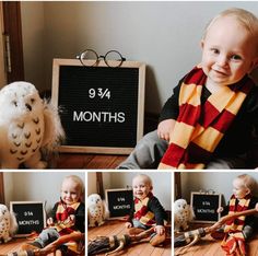 a baby sitting on the floor in front of a sign and stuffed owl with glasses