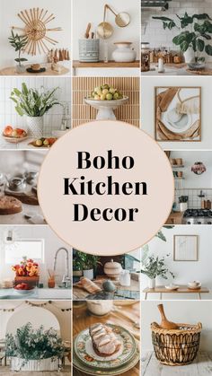 boho kitchen decor collage with text overlay