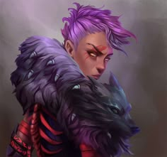 a man with purple hair holding a black cat