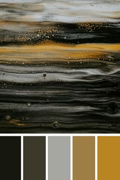 an abstract painting with gold and black colors