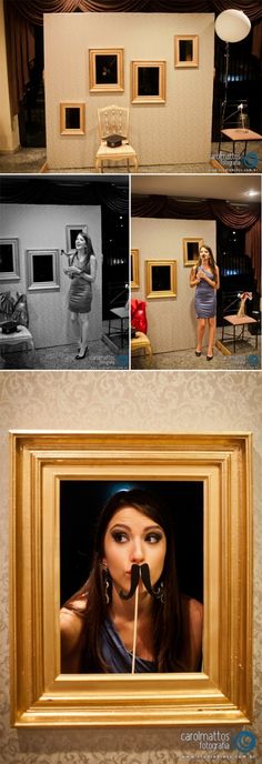 three different shots of a woman in front of a doll house with a fake moustache on her face