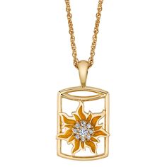 a gold necklace with an orange flower on the front and center, surrounded by diamonds