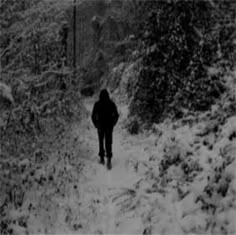 a person walking down a snow covered path