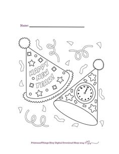 a happy new year coloring page with a party hat