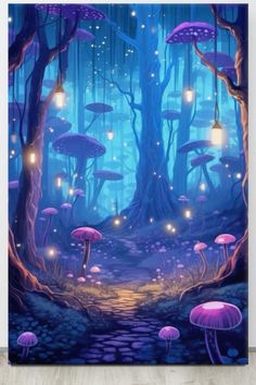 an image of a forest with mushrooms and lights in the night time, as well as trees